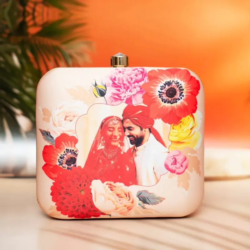 Woman Beige Based Floral Printed Customized clutch