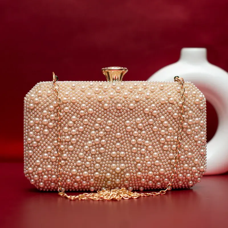 Women Peach Stripe Pearl Beaded Evening Clutch