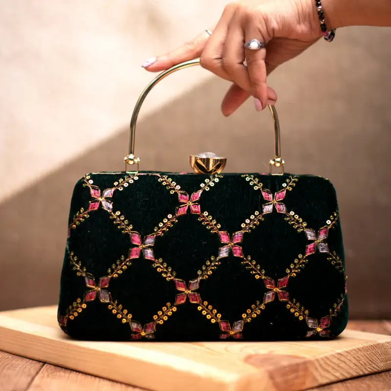 Women Dark Green Embroidery Party Clutch