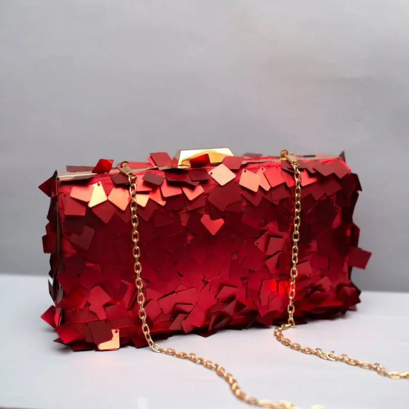 Woman Red Embellished Sequins Party Clutch