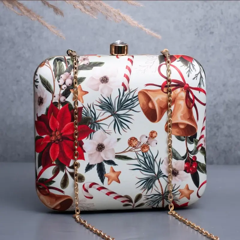 Women White Based Christmas Bells Printed Clutch