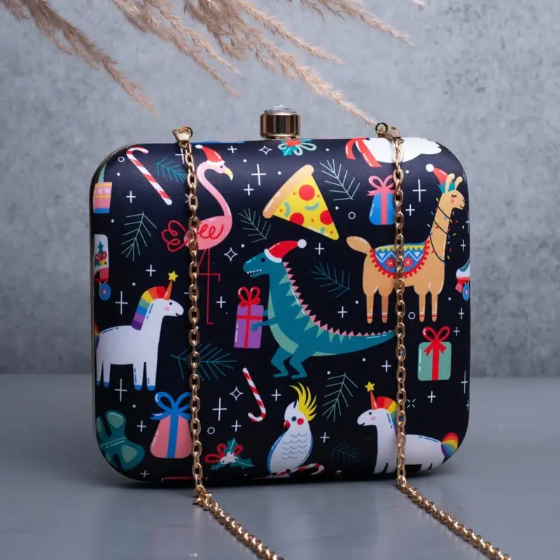 Woman Black Based Christmas Theme Printed Clutch