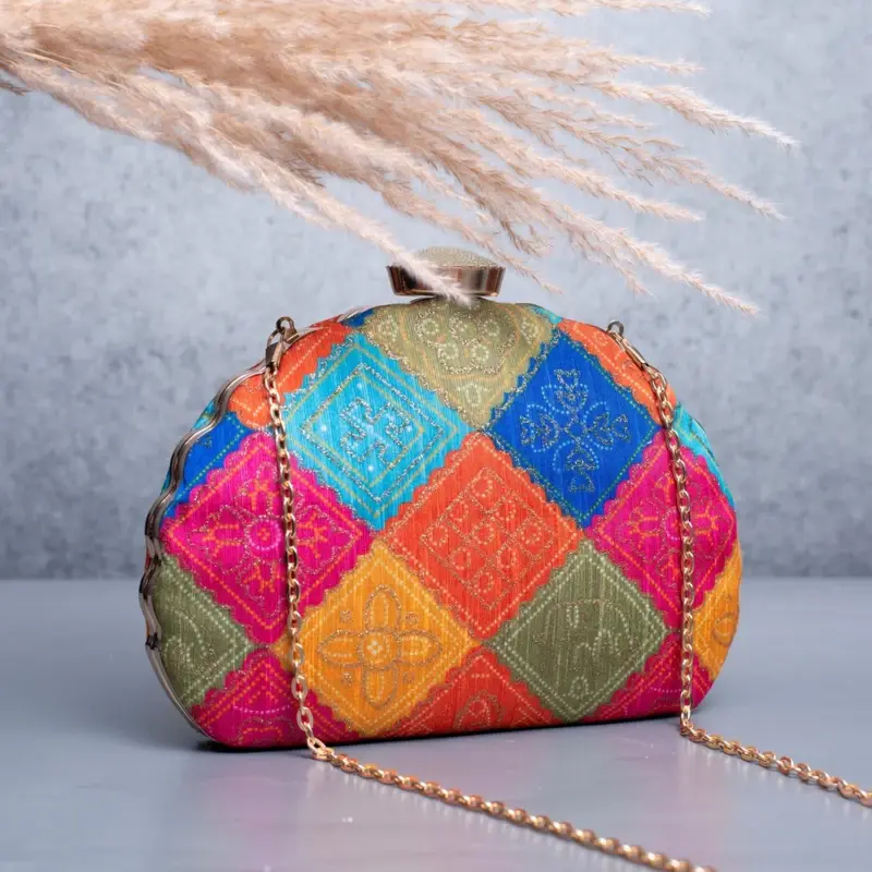 Woman Multicolored Pattern Printed Clutch