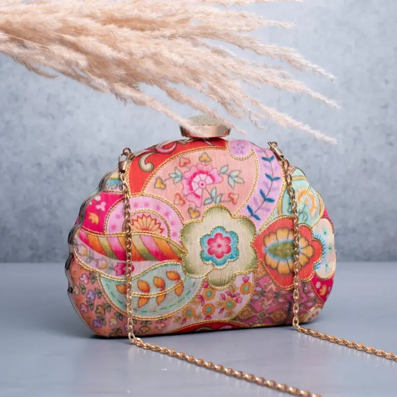 Woman Pink Floral Printed Golden Zari Embroidery Clutch