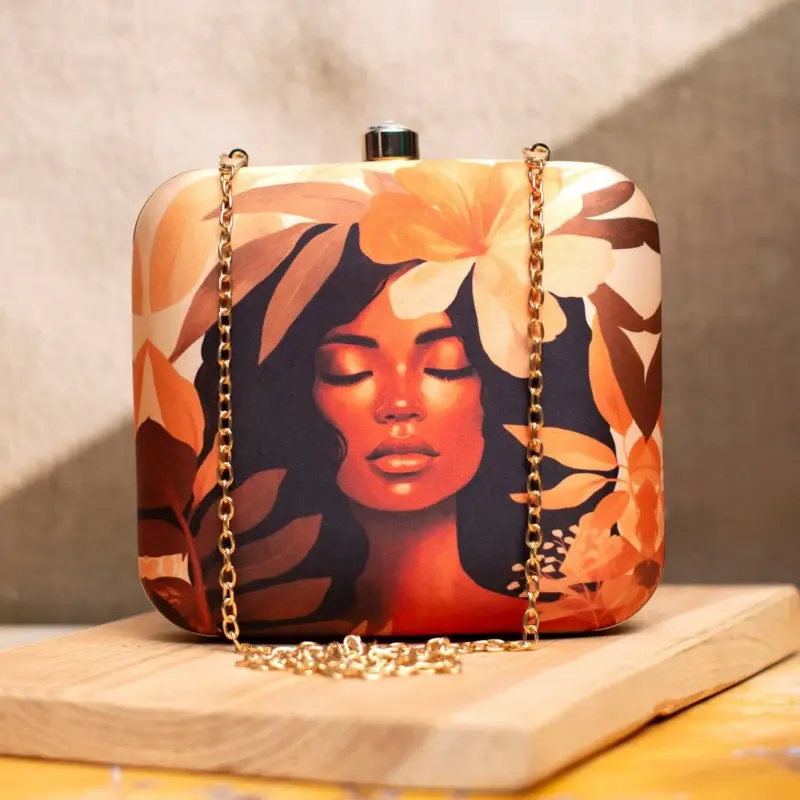 Woman Beige Floral Afro Women Portrait Printed Clutch