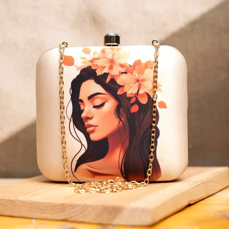 Women Floral Lady Portrait Printed Clutch