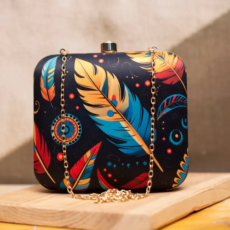 Women Black Based Feather Printed Clutch