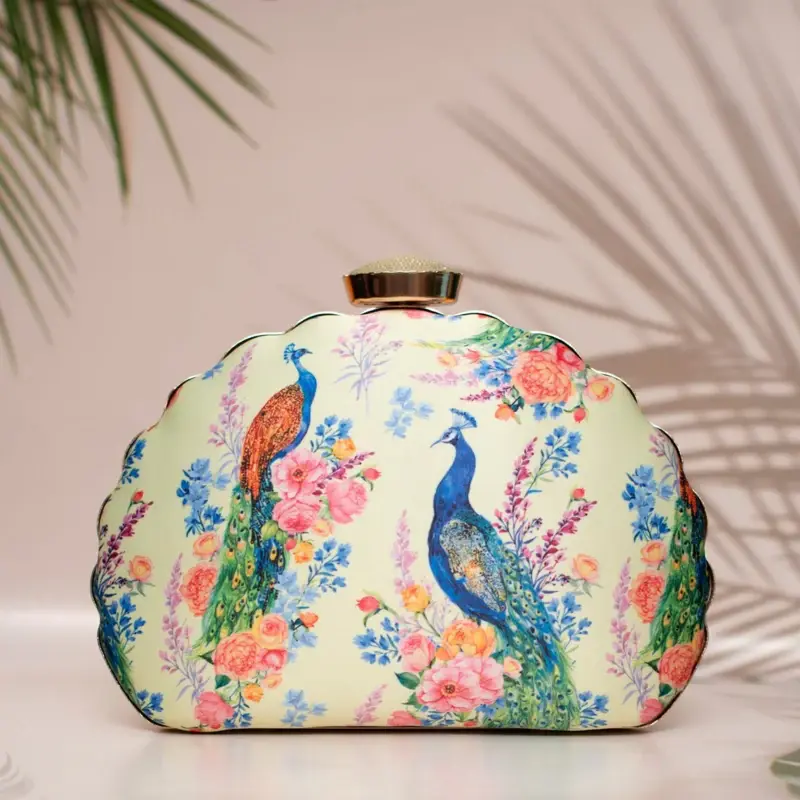 Women Peacock Printed D-shape Clutch