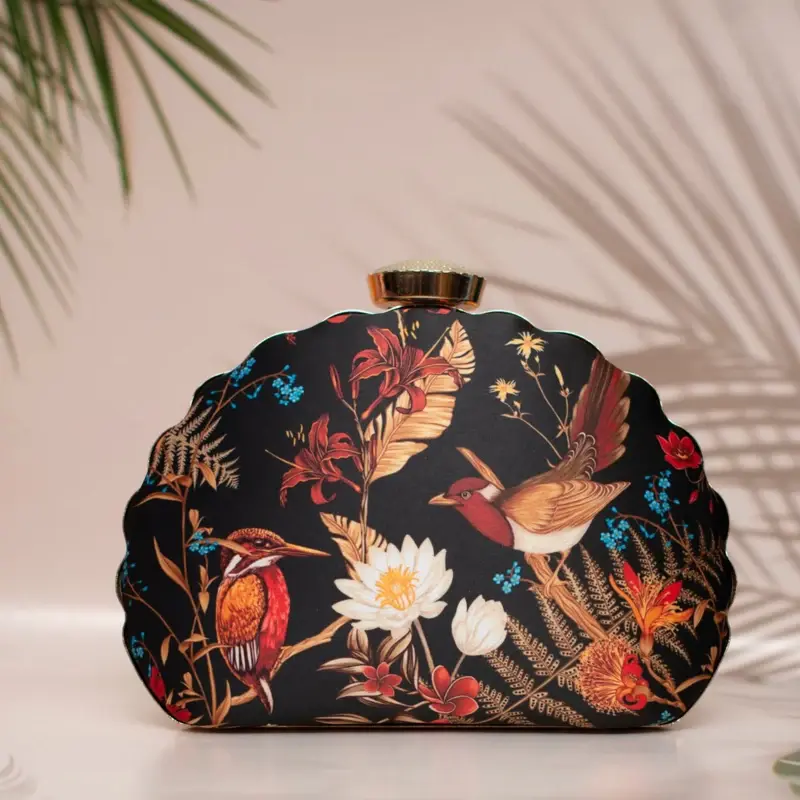 Women Black Bird Island Printed D-shape Clutch
