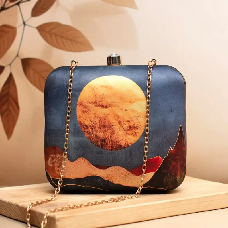 Woman Sunset In Desert Printed Clutch