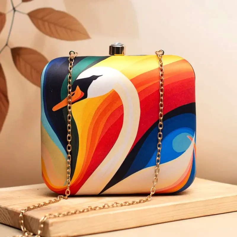 Woman Multicolored Swan Printed Clutch