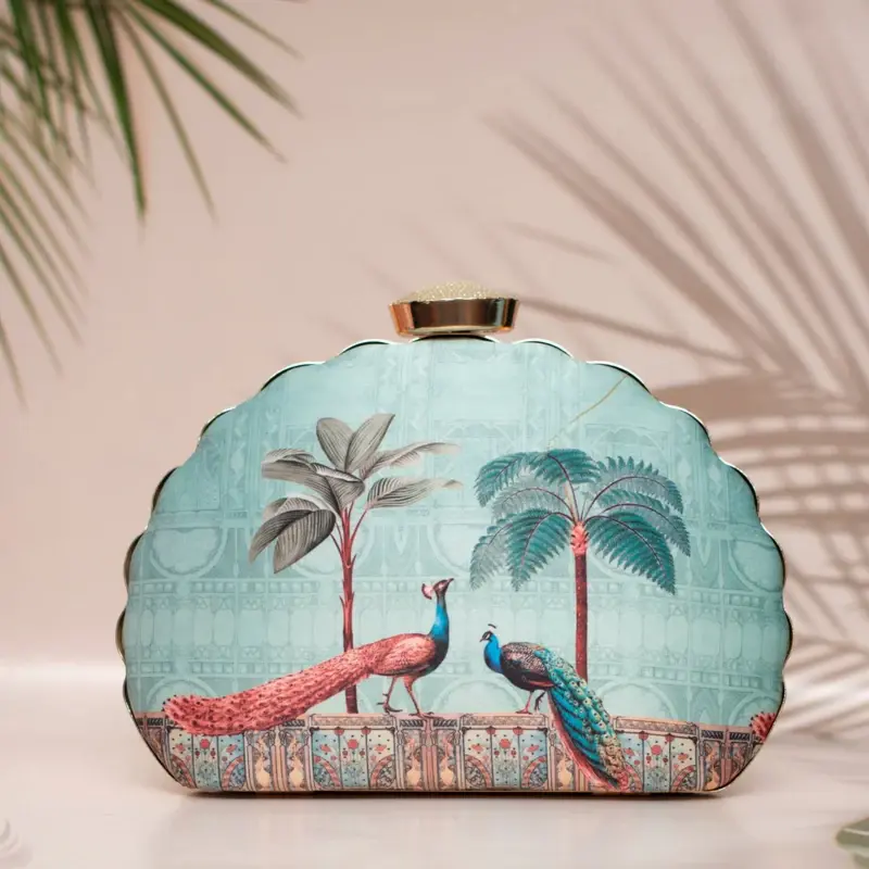 Women Peacock Pattern Printed D-shape Clutch