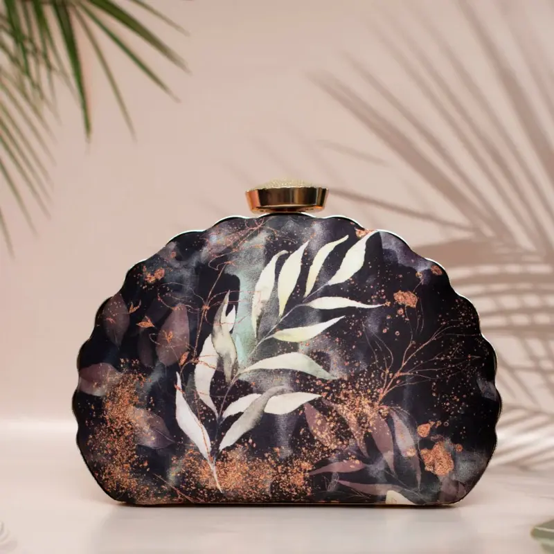 Woman Black Floral Printed D-shape Clutch