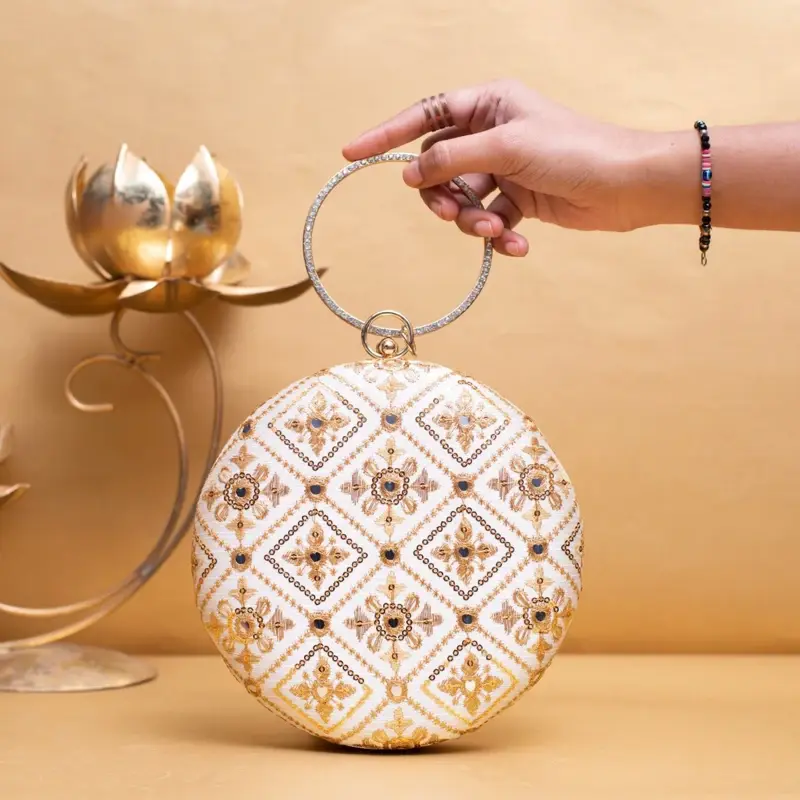 Woman White Based Golden Threadwork Embroidery Clutch