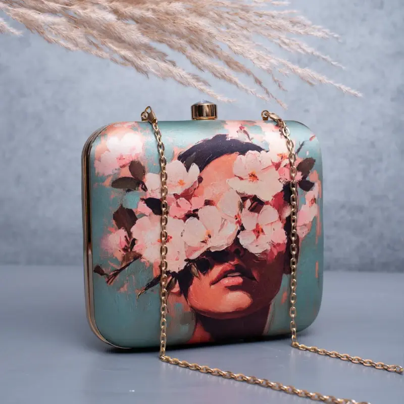 Woman Marine Green Based Floral Girl Portrait Printed Clutch
