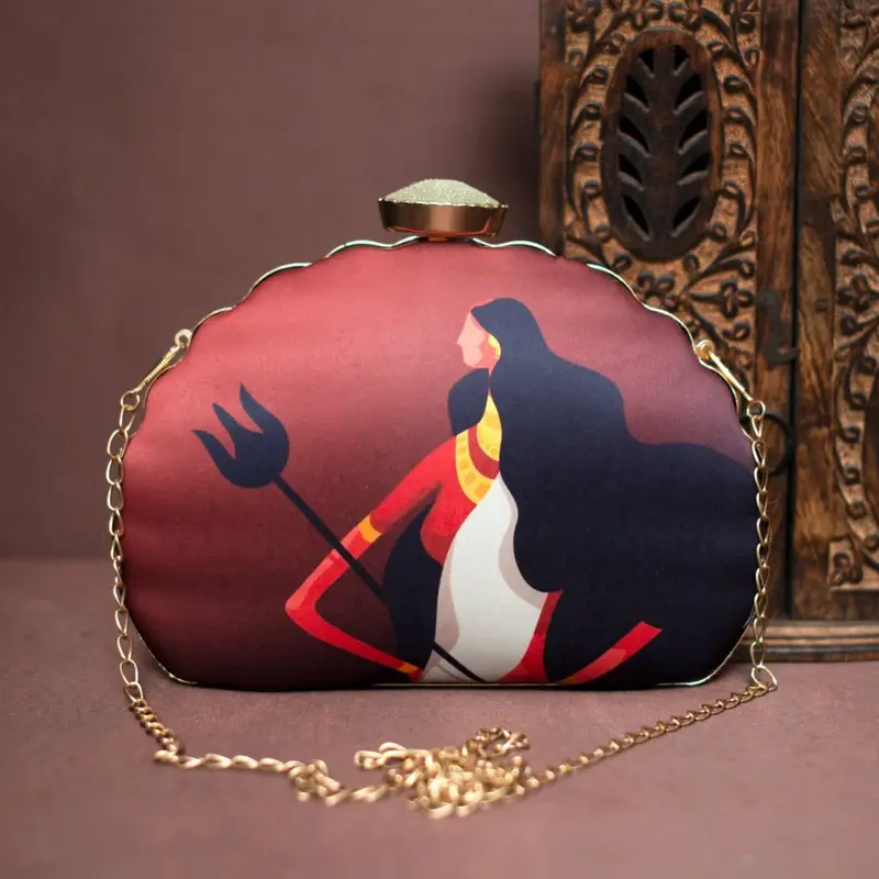 Women Maroon Durga Printed D-Shape Clutch