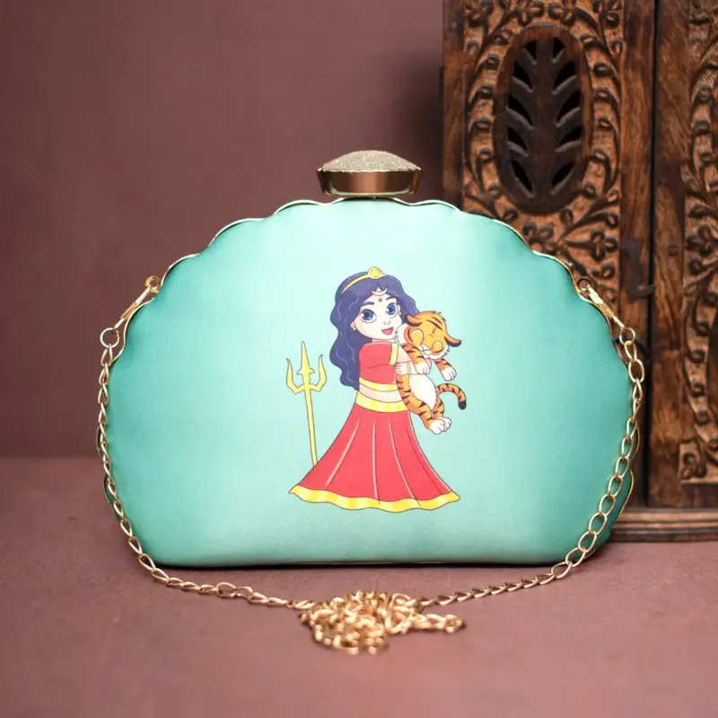 Women Blue Durga Printed D-Shape Clutch