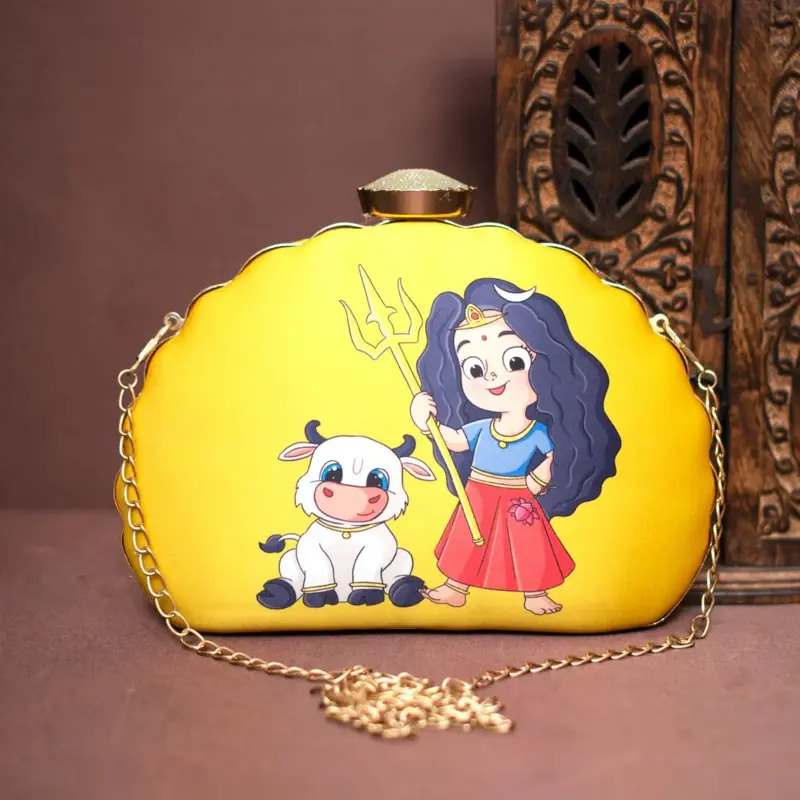 Women Yellow Durga Printed D-Shape Clutch