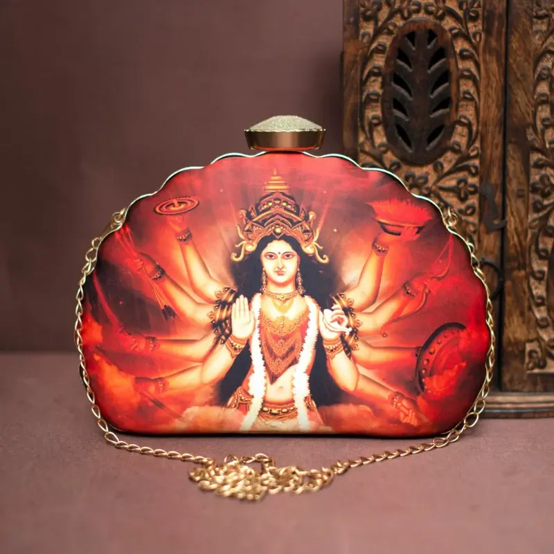 Women Goddess Durga Printed D-Shape Clutch