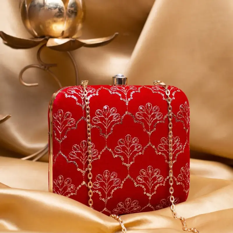 Woman Bright Red Based Golden Sequins Embroidery Clutch