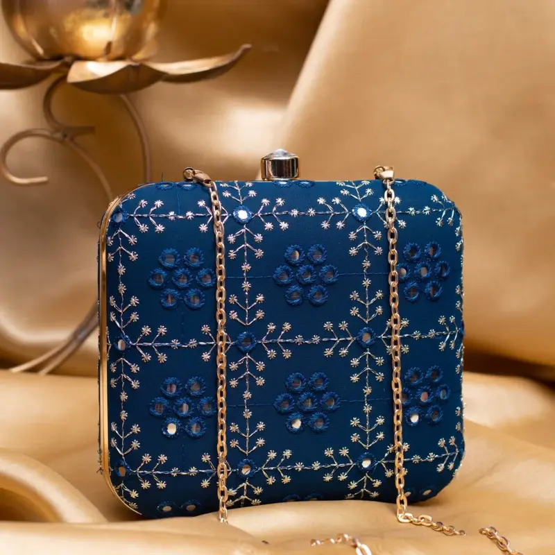 Women Blue Based Silver Threadwork Embroidery Clutch