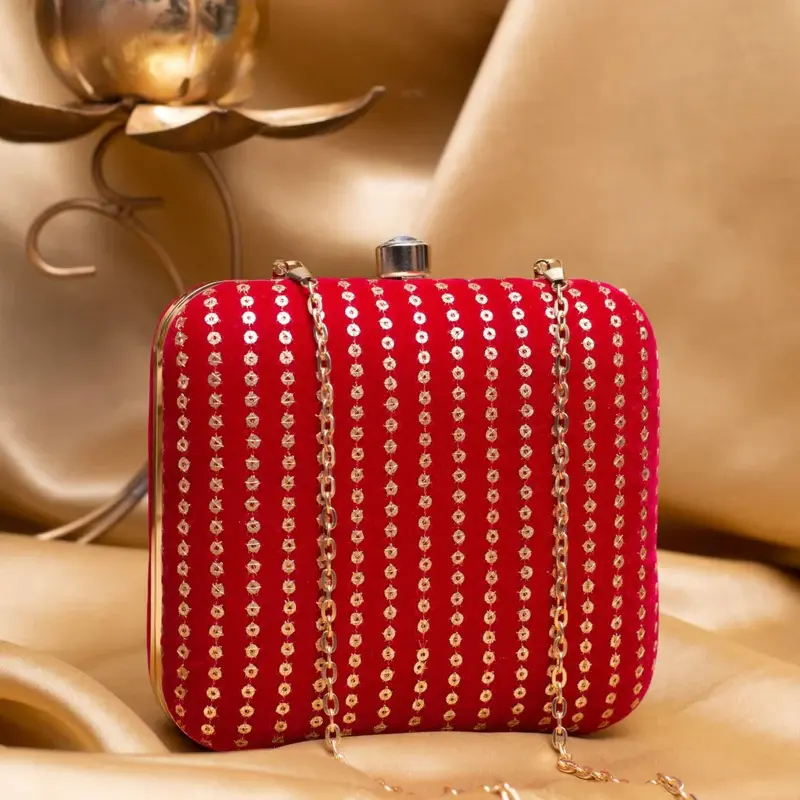 Woman Bright Red Based Golden Sequins Embroidery Clutch