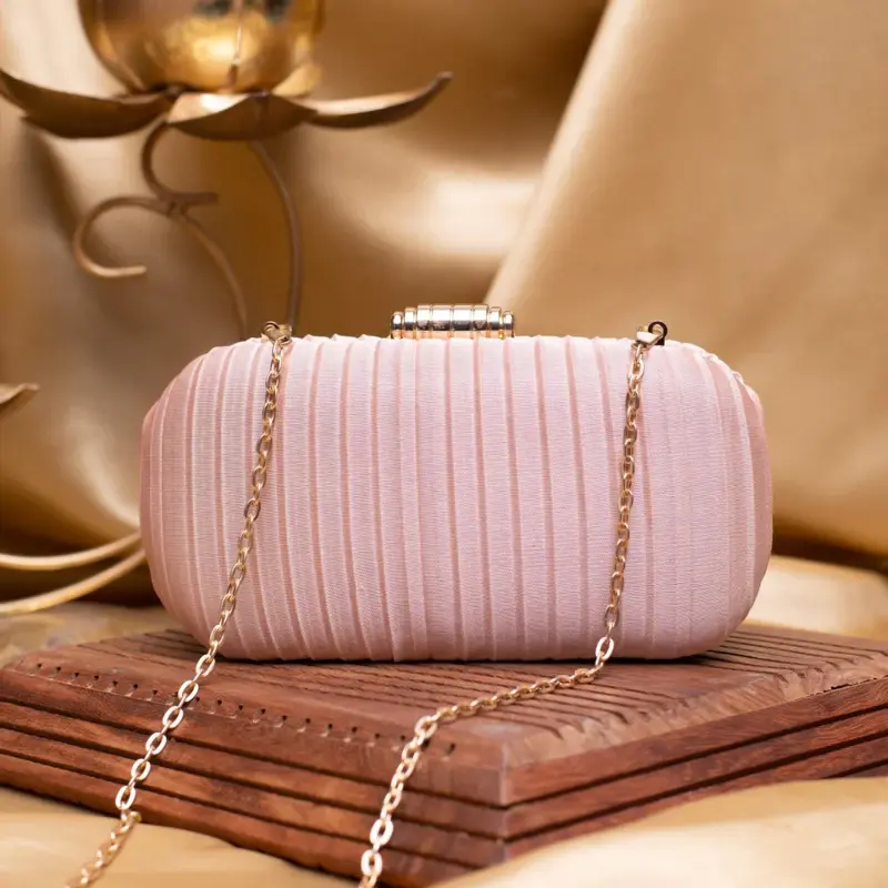 Woman Baby Pink Ribbed Fabric Clutch