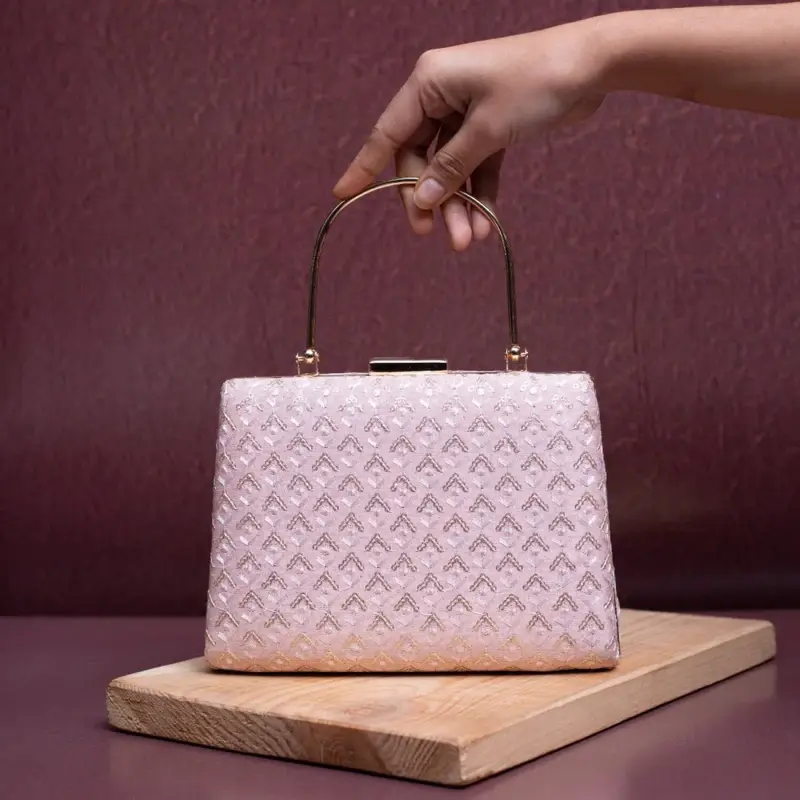 Woman Baby Pink Based Sequins Embroidery Clutch