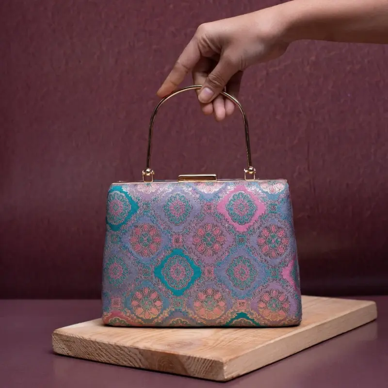 Woman Blue And Pink Floral Pattern Printed Fabric Clutch