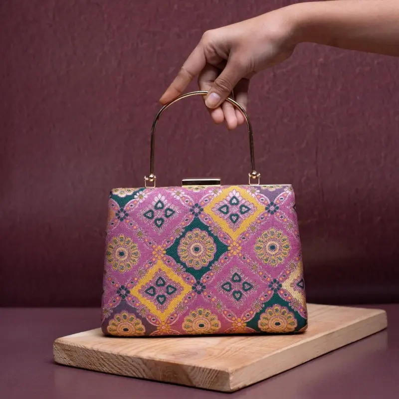 Woman Pink Based Pattern Printed Silk Fabric Clutch