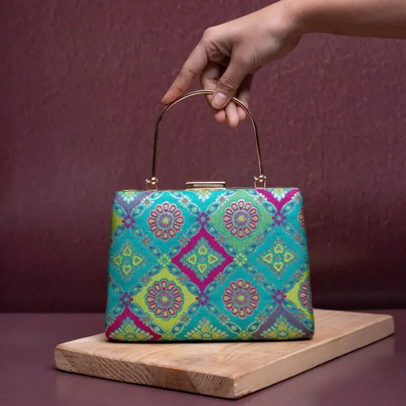 Woman Blue Based Pattern Printed Silk Fabric Clutch