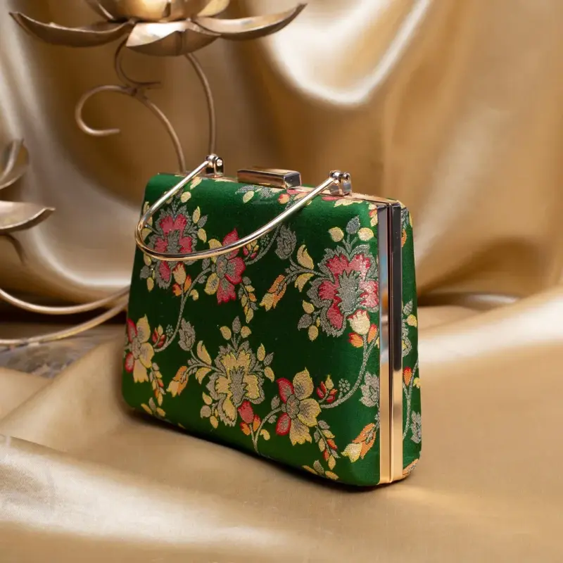 Woman Dark Olive Green Based Floral Pattern Printed Clutch