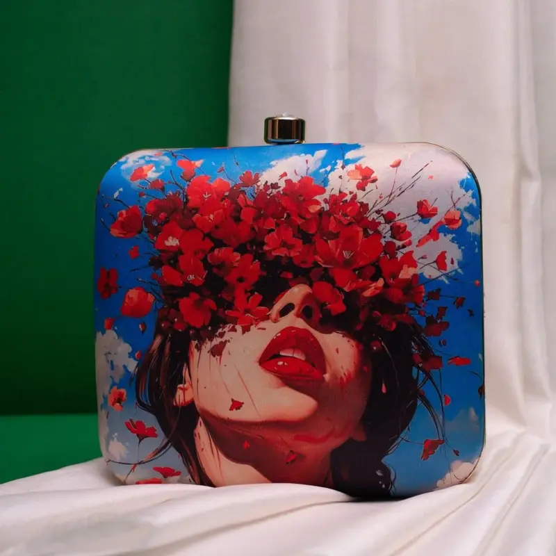 Woman Blue Based Floral Girl With Bold Red Lips Printed Clutch