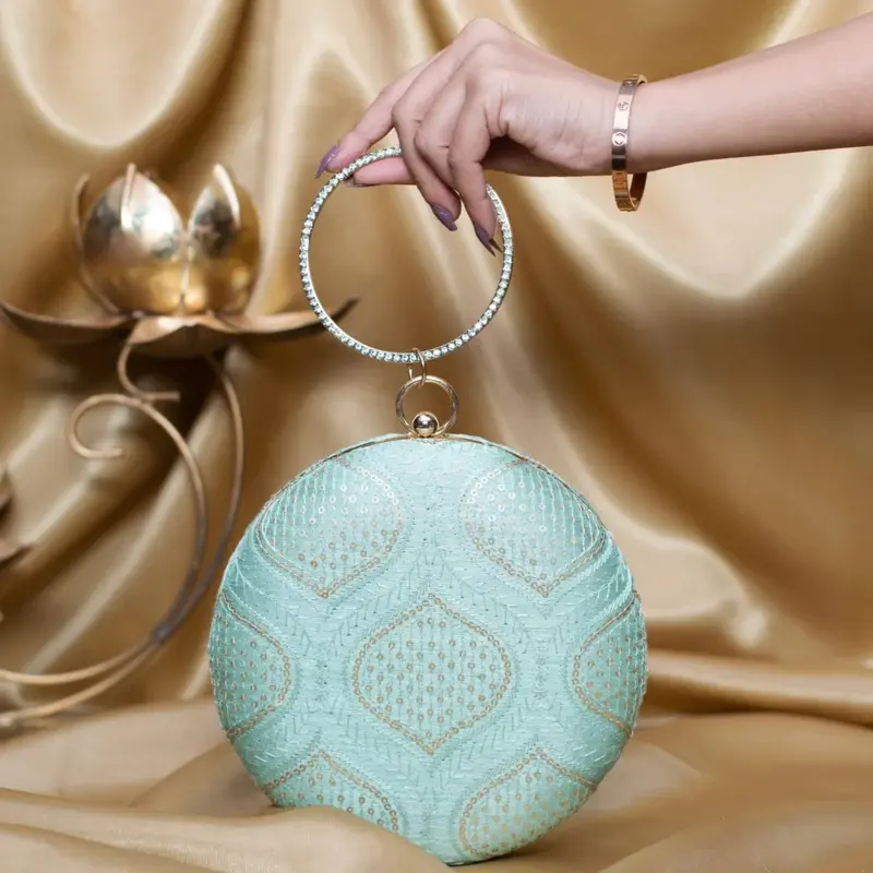 Woman Light Blue Based Golden Sequins Embroidery Clutch