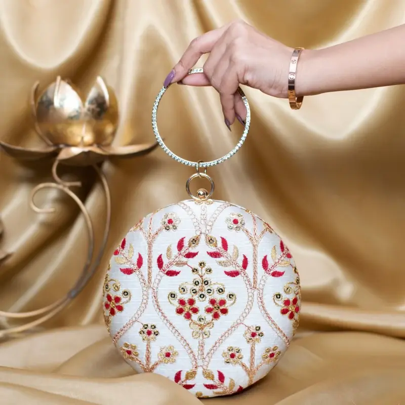 Women Off White Based Golden And Maroon Threadwork Embroidery Clutch