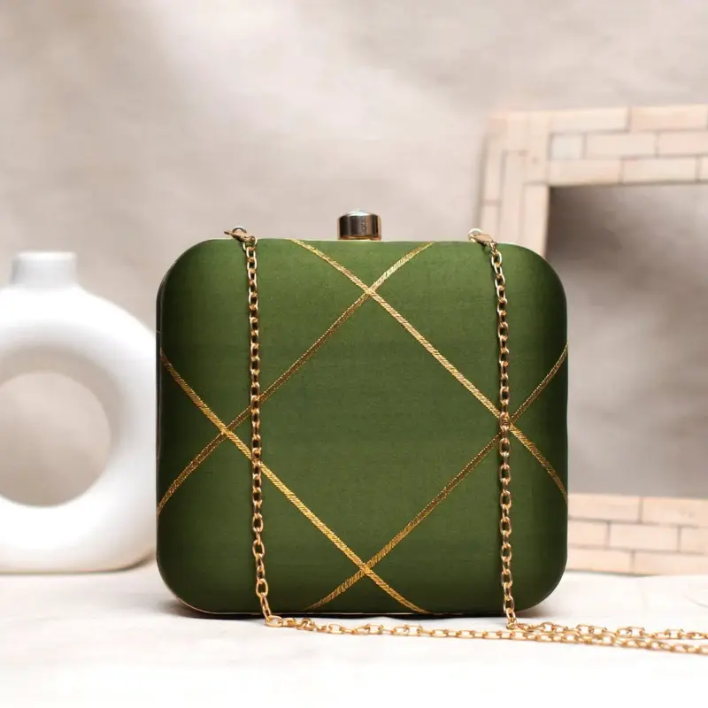 Woman Olive Green And Golden Checks Embroidery Clutch