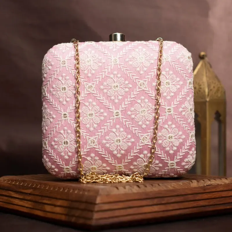 Woman Pink Chikankari Embroidery Clutch