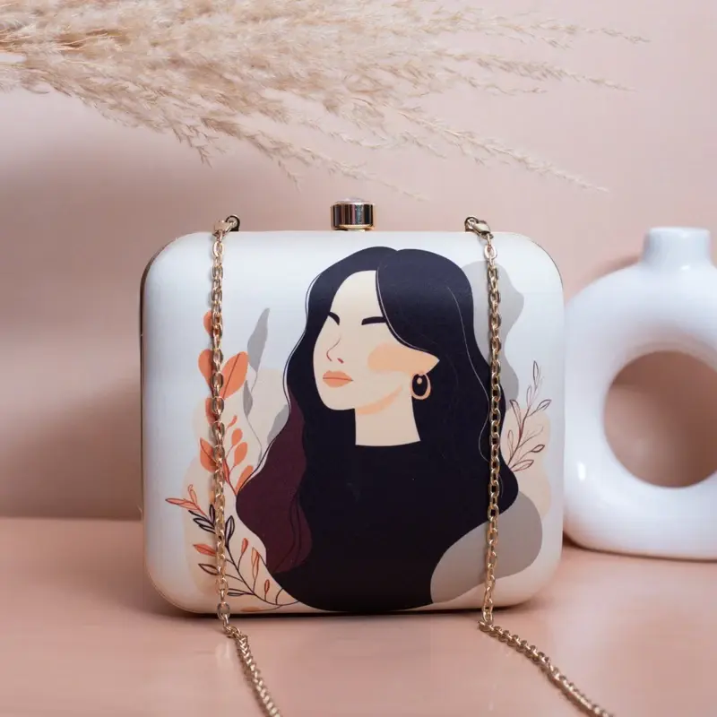 Woman White Based Women Portrait Printed Clutch