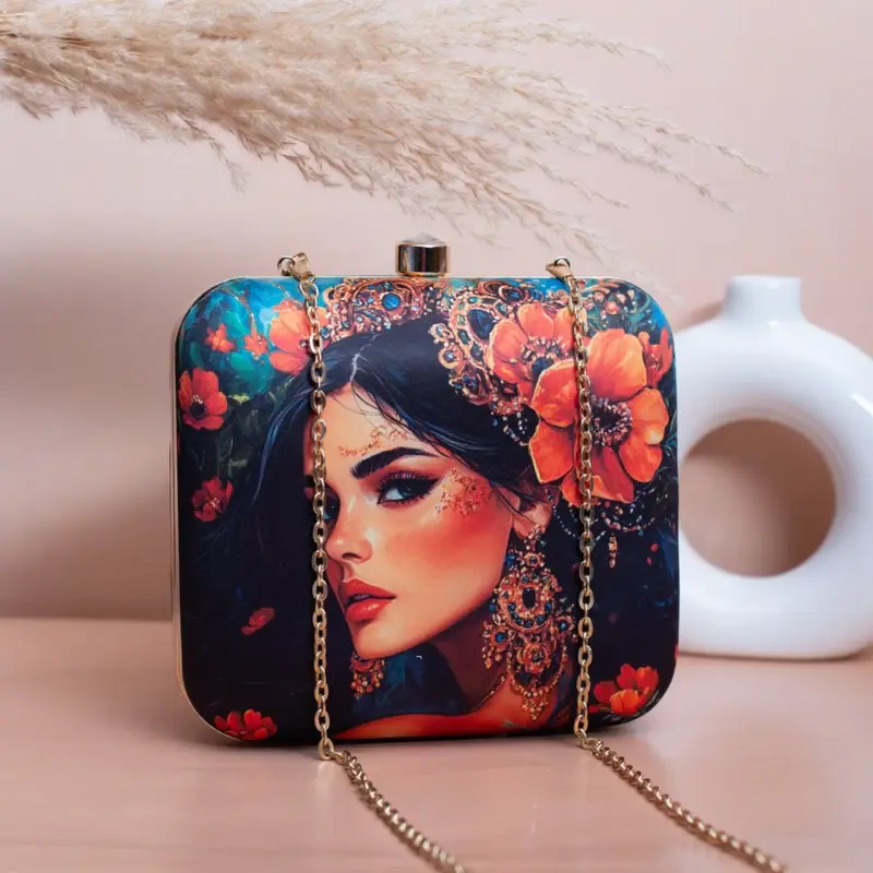 Woman Blue Based Floral Women Portrait Printed Clutch