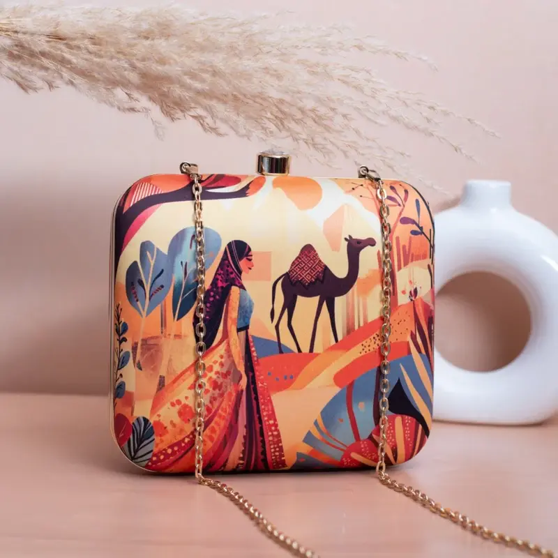 Women Beige Based Women with Camel Printed Clutch