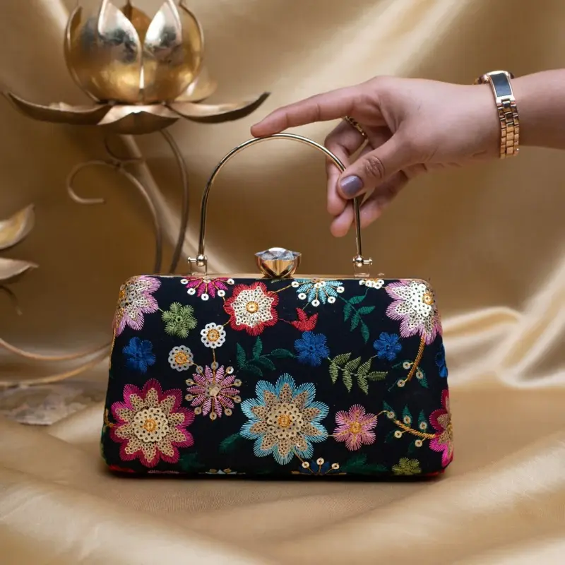 Woman Black Based Multicoloured Floral Embroidery Clutch