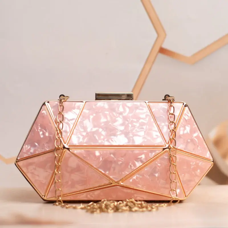 Women Peach Acrylic MOP Cutout Hexagon Metal Clutch