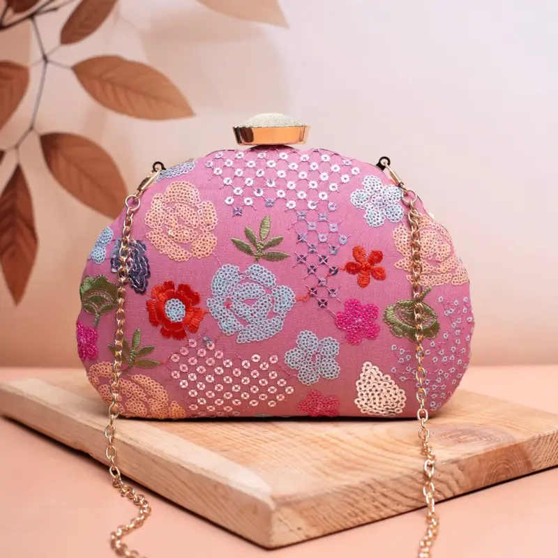 Woman Pink Floral Sequins Embroidered Fabric Clutch