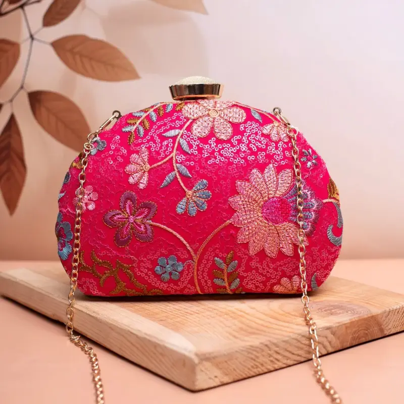 Women Pink Floral Embroidered Party Clutch
