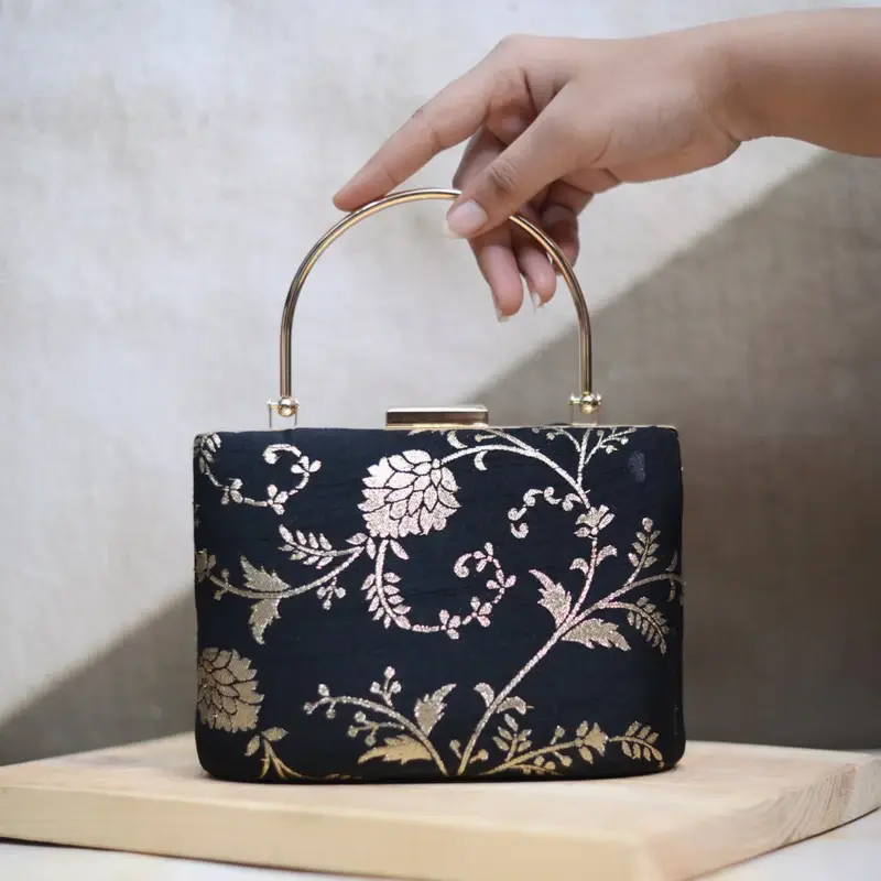 Women Black And Silver Brocade Party Clutch