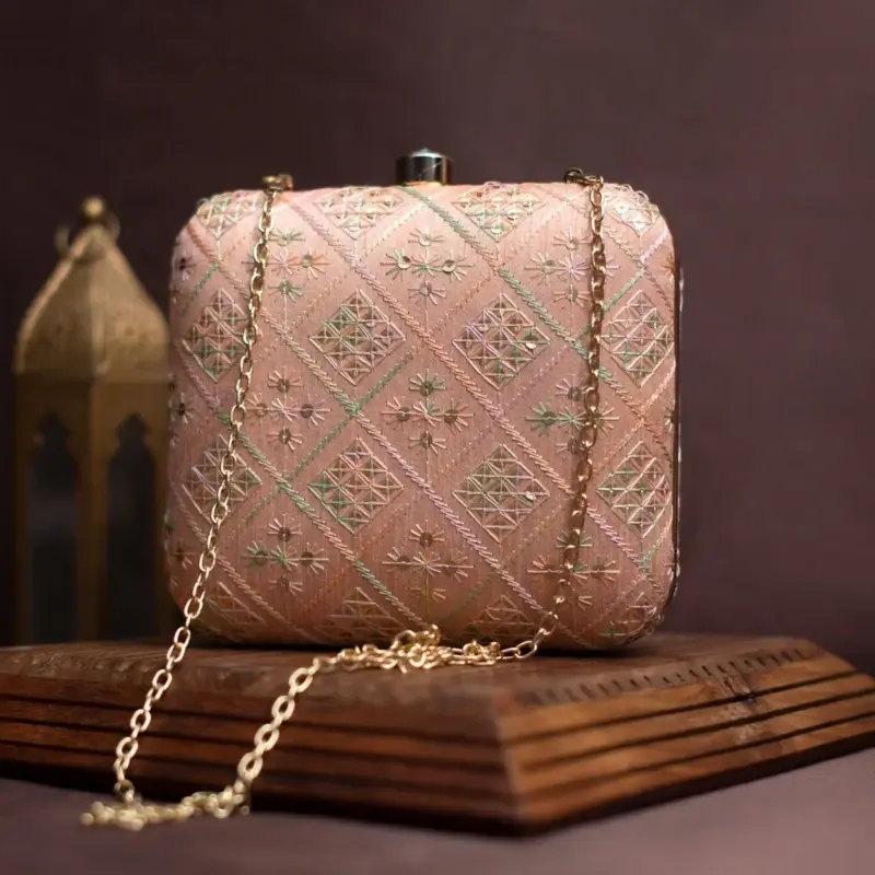 Woman Peach Sequins Embroidery Party Clutch