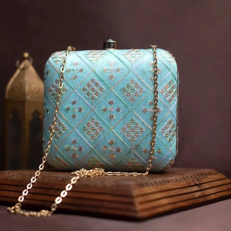 Woman Light Blue Embroidery Party Clutch