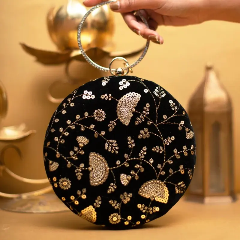 Women Black And Golden Embroidery Round Clutch