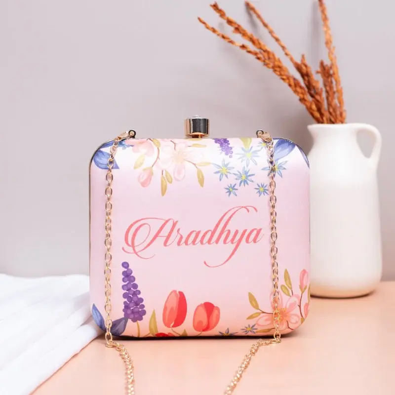 Women Pink Floral Printed Name Customised Clutch