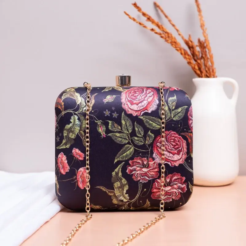 Women Black Floral Printed Name Customised Clutch